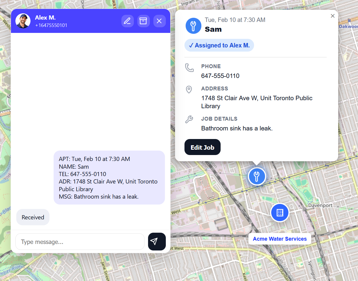Worker SMS panel showing confirmation