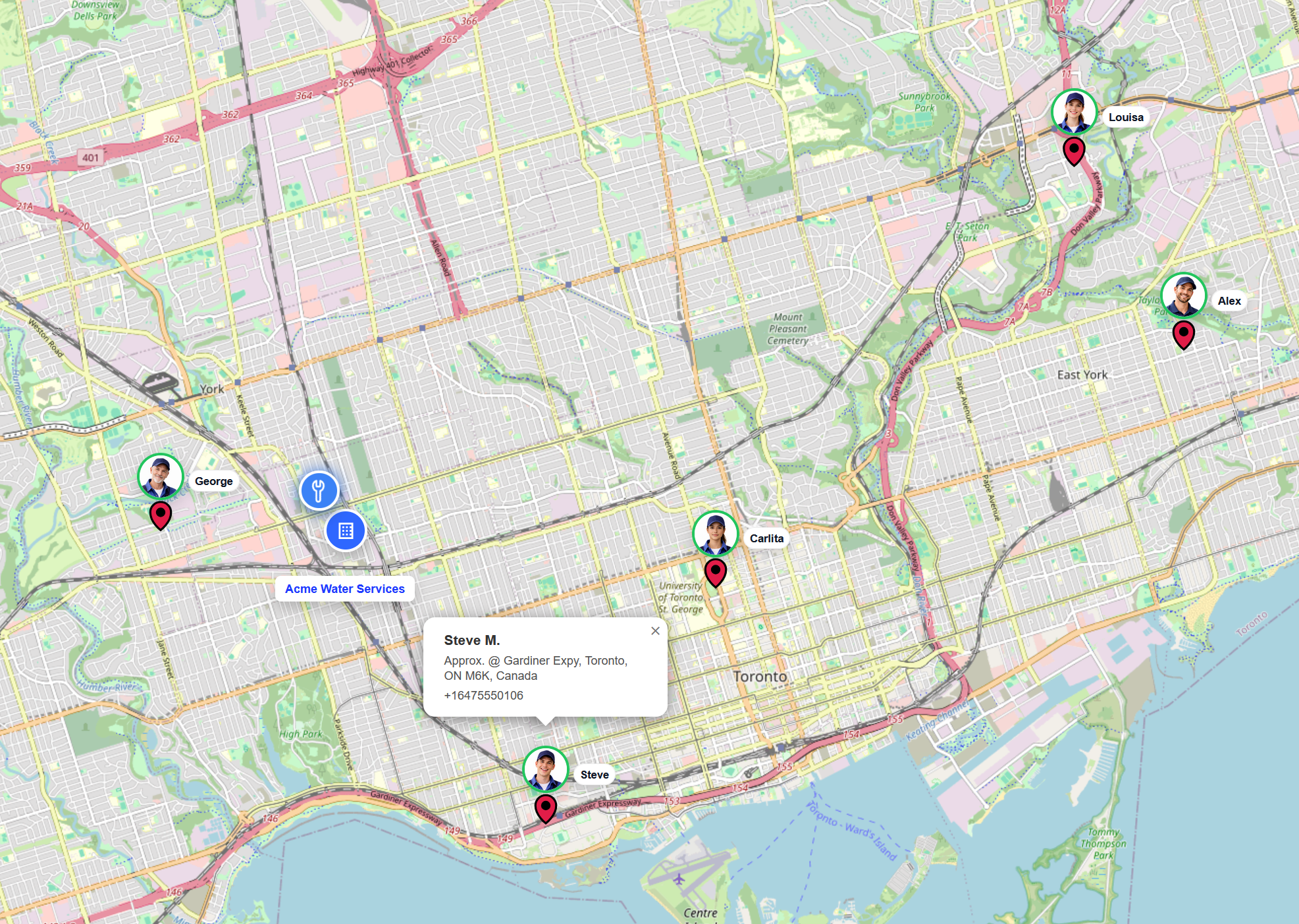 Worker locations on the map
